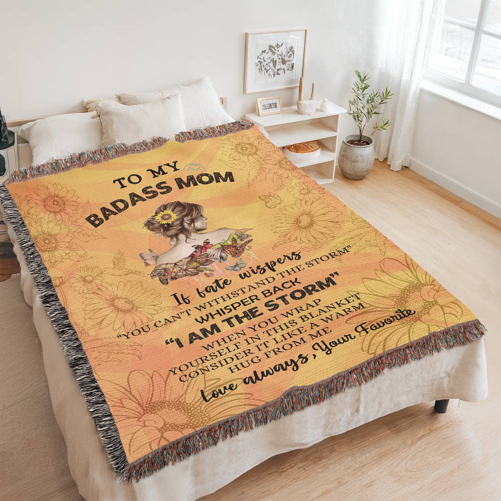 60x80 Personalized woven blanket with sunflower design and "To My Badass Mom" message.