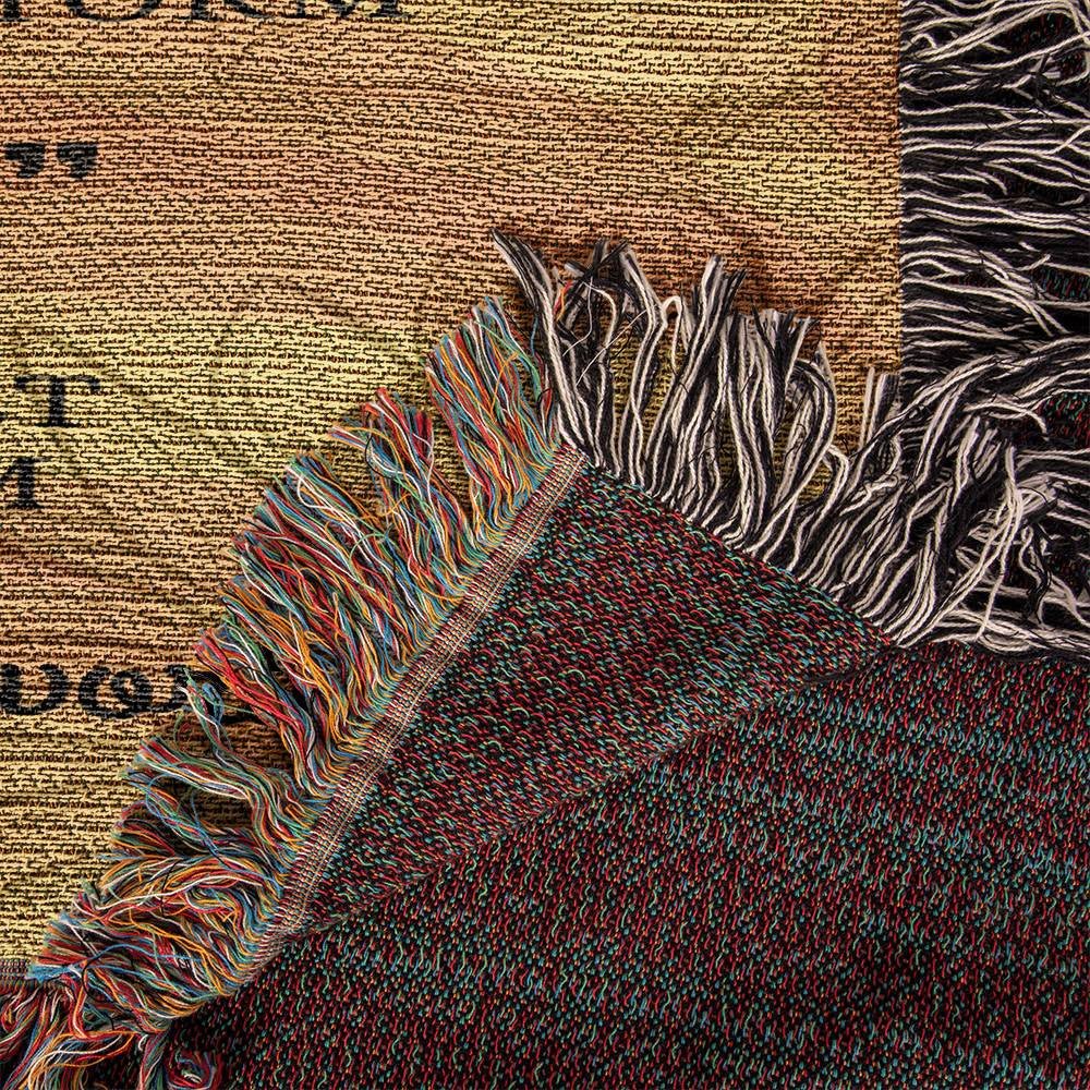 Up close view of the heirloom wooven blanket to show the details