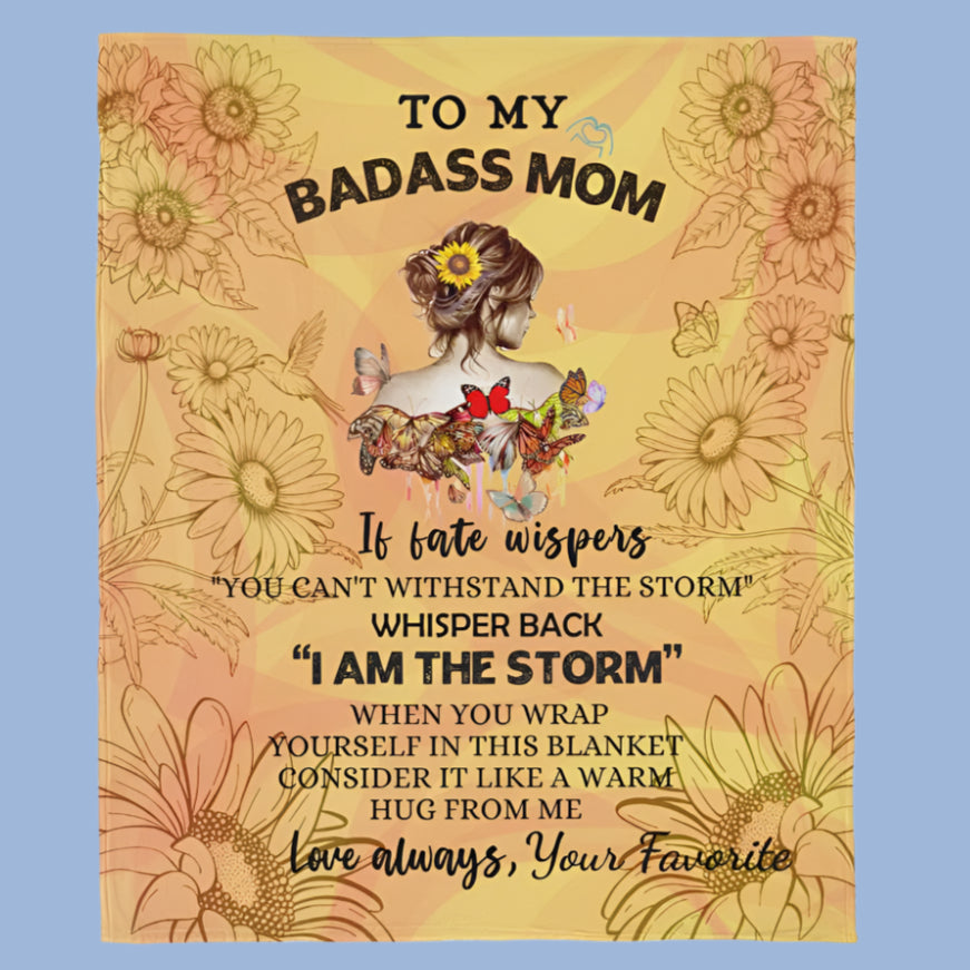 Personalized fleece blanket with sunflower design and 'To My Badass Mom' message