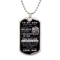 A silver milatary style dog tag necklace with a message from dad to son on a white background.