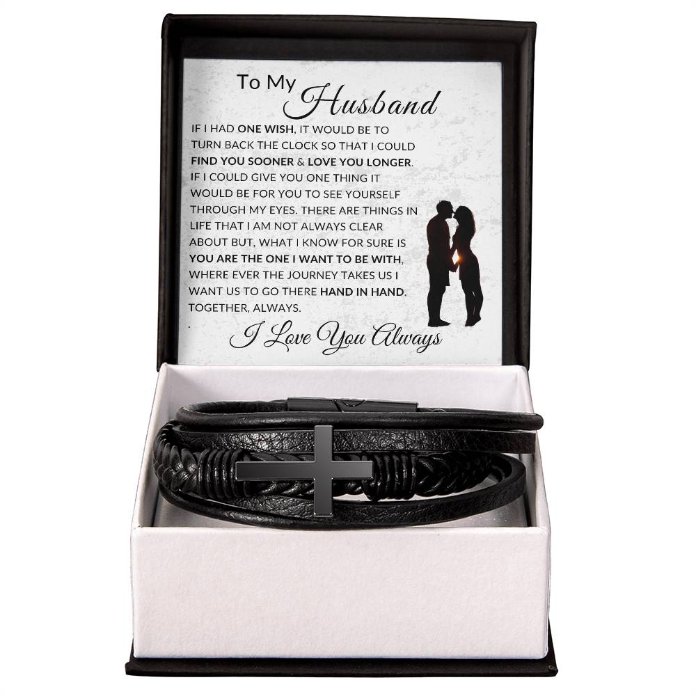 One Wish To My Husband | Men's Cross Leather Bracelet