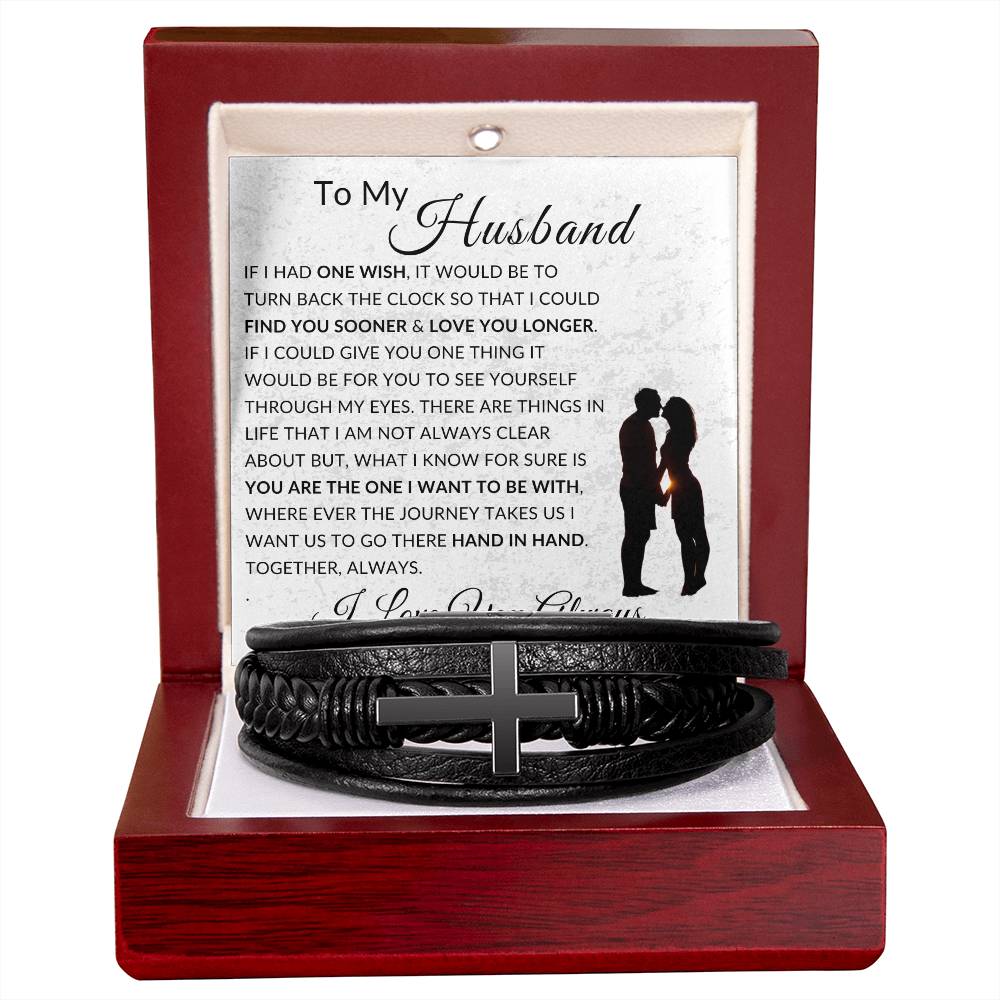 One Wish To My Husband | Men's Cross Leather Bracelet