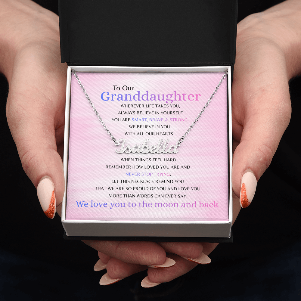 Custom name necklace with heartfelt message card to our grandughter.