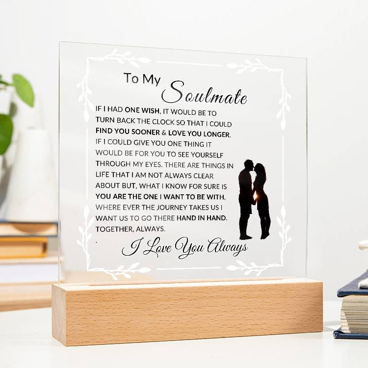 Cordless romantic soulmate LED acrylic lamp displayed on bedroom nightstand at night