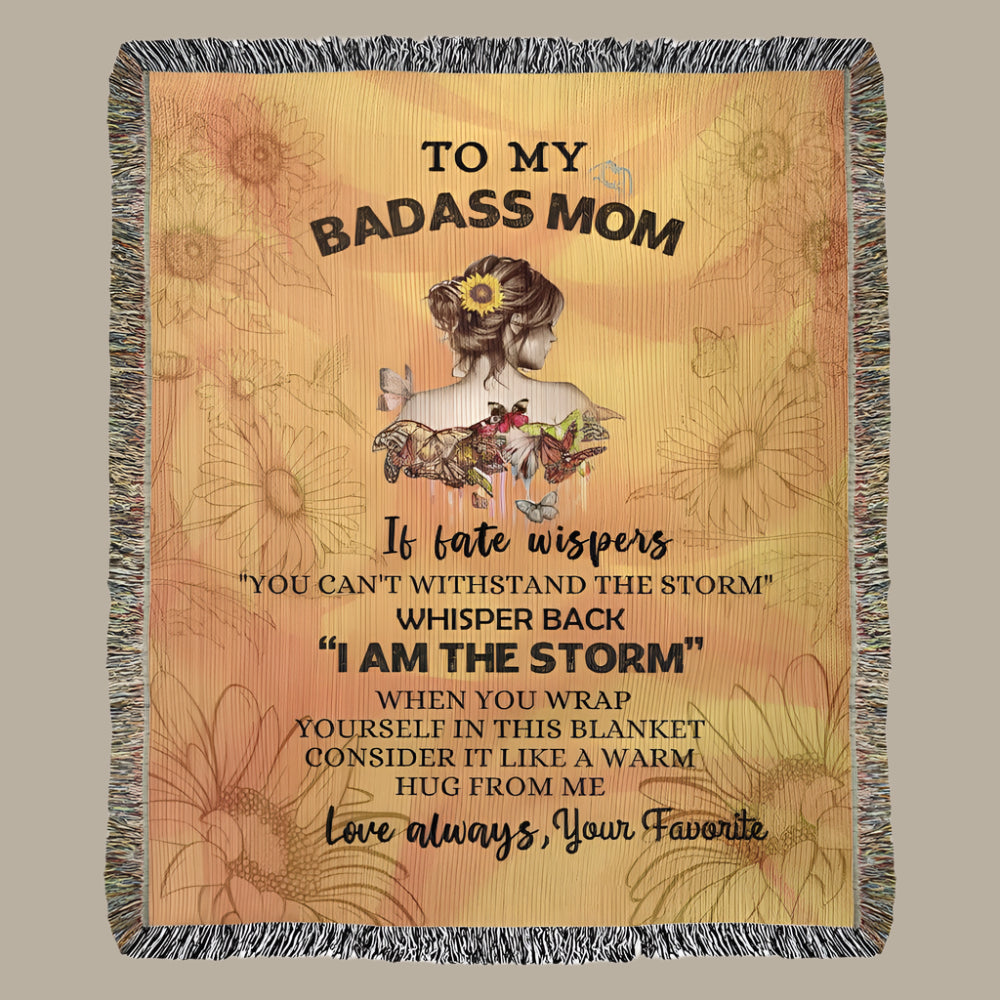 To My Badass Mom wooven blanket wtih sunflowers. Flat veiw.