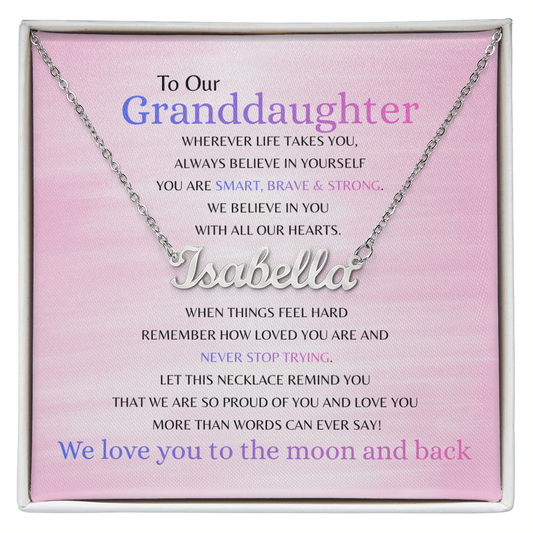 Silver custom name necklace with Smart Brave & Strong message card for granddaughter