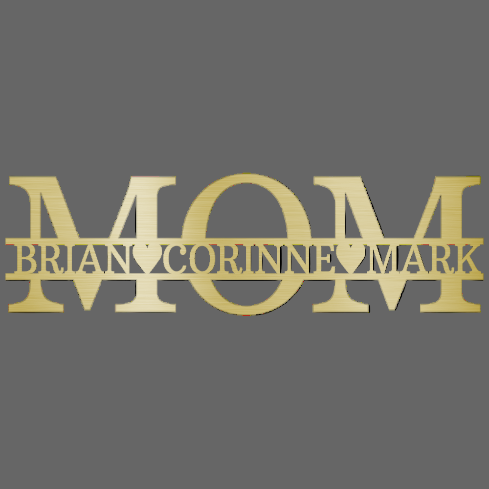 Gold custom metal MOM sign on gray background