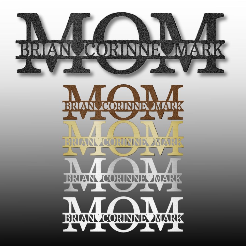 Decorative metal wall art with 'MOM' and names in various colors on a gradient background