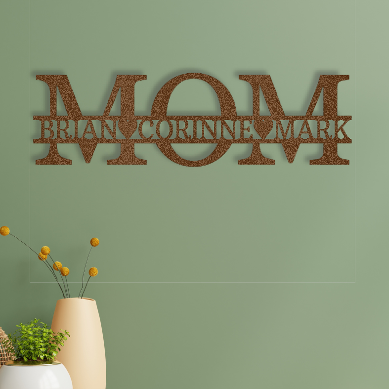 Custom Mom sign Bronze on green background