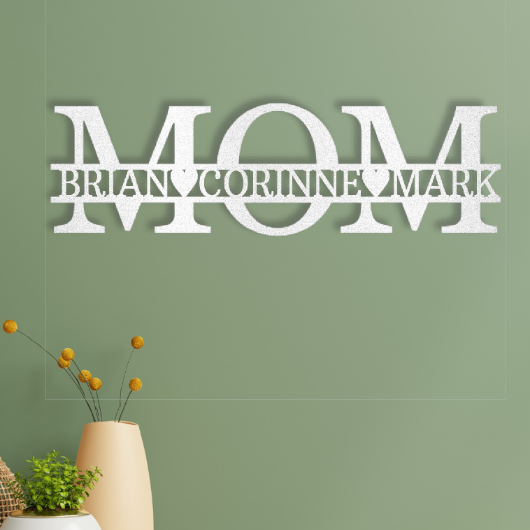 White custom metal Mom sign on green background