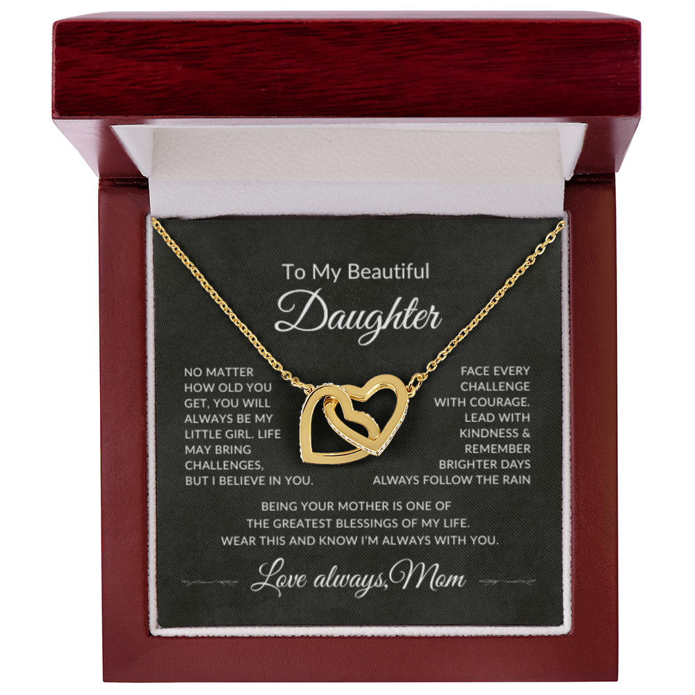 Gold overlay Interlocking hearts necklace displayed in luxury gift box for daughter from mom