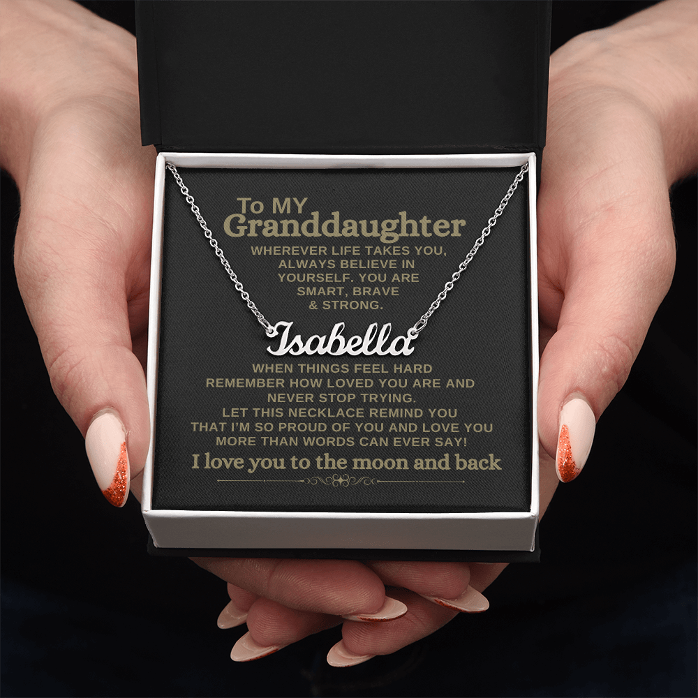 Granddaughter silver personalized name necklace displayed with heartfelt message card in gift box