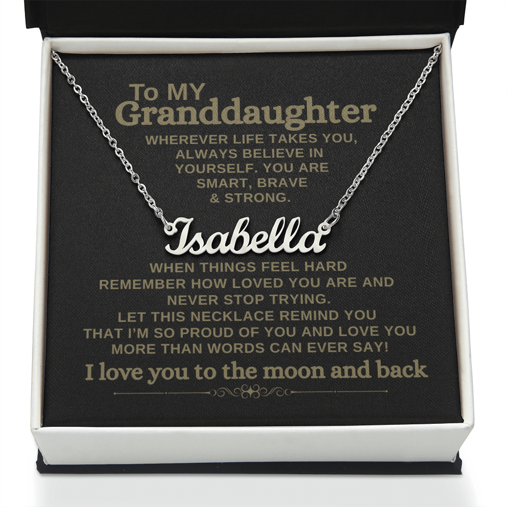 Granddaughter silver personalized name necklace displayed with heartfelt message card