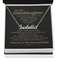 Granddaughter silver personalized name necklace displayed with heartfelt message card