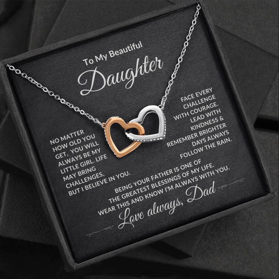 Interlocking Heart Necklace to  Daughter from Dad in Black box on Black background