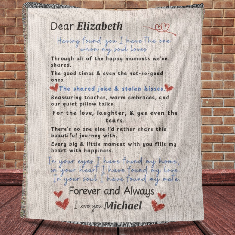 Personalized heirloom woven blanket with romantic letter to soulmate and custom names with brick background