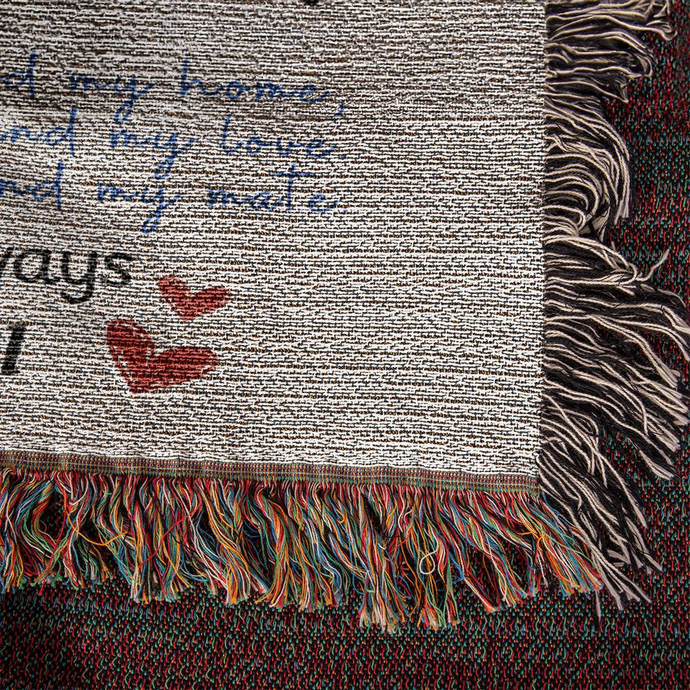 Personalized heirloom woven blanket with romantic letter to soulmate and custom names close up to show texture