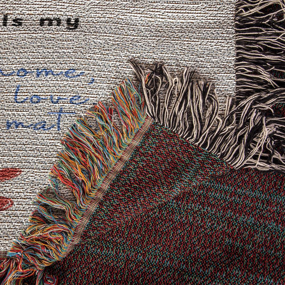 Personalized heirloom woven blanket with romantic letter to soulmate and custom names upclose to see details