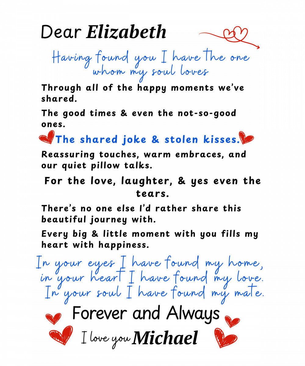 Personalized heirloom woven blanket with romantic letter to soulmate and custom names shows message so that it can easily be read. 