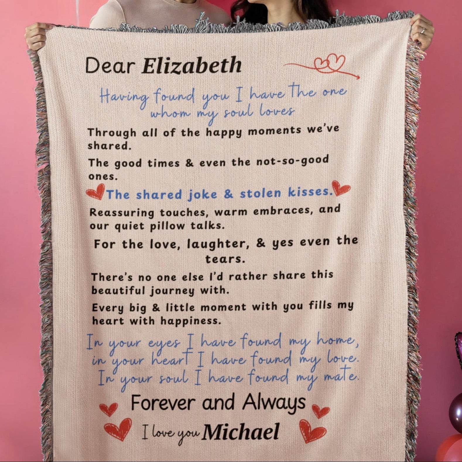 Personalized heirloom woven blanket with romantic letter to soulmate and custom names Lifestyle scene