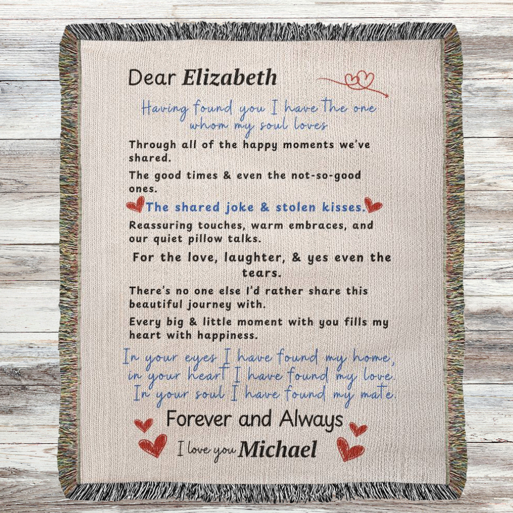 Personalized heirloom woven blanket with romantic letter to soulmate and custom names