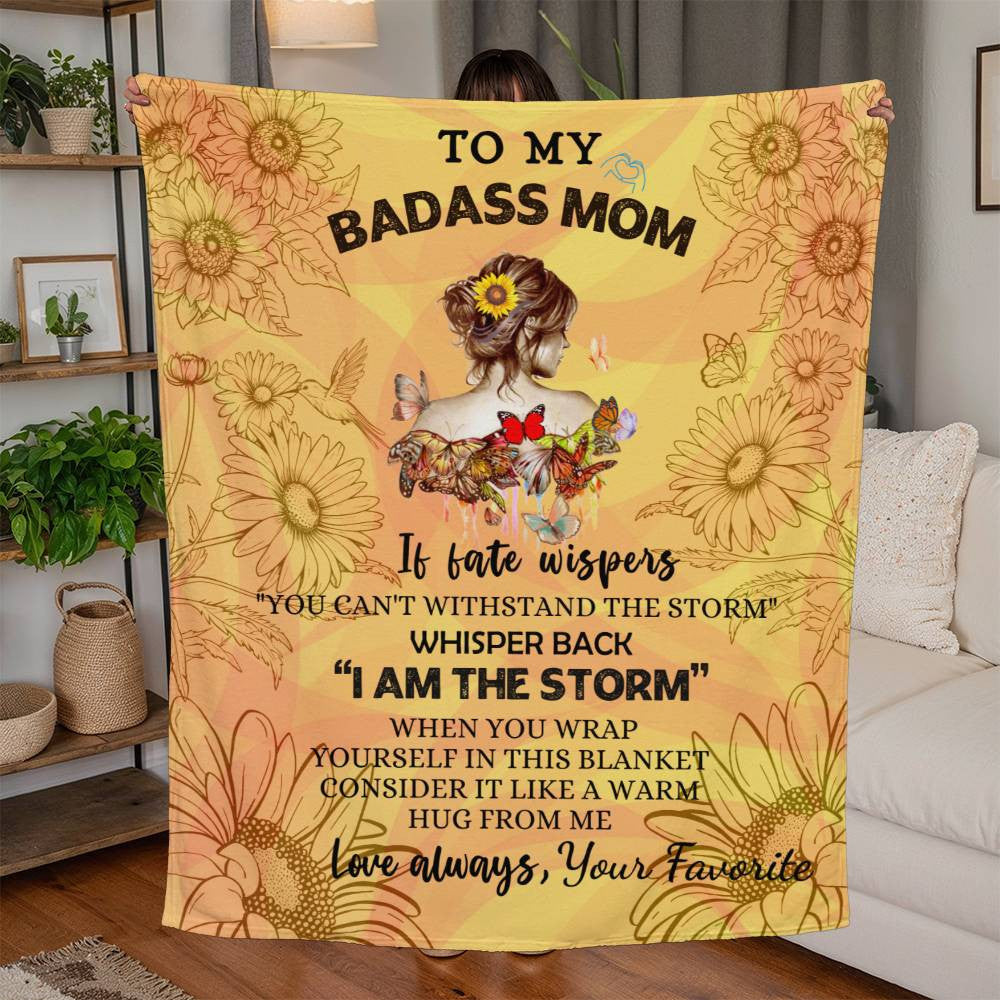 50x60 Personalized fleece blanket with sunflower design and 'To My Badass Mom' message