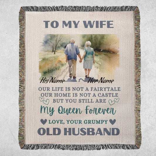 Personalized Heirloom Woven Blanket for Wife | “My Queen Forever” Gift from Husband flat lay