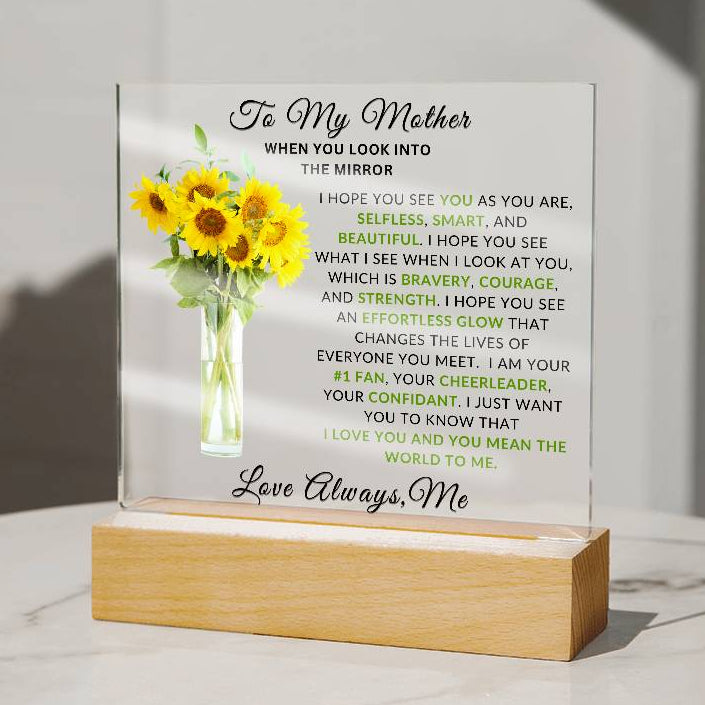 Meaningful Mother’s Day gift LED acrylic plaque with sunflower design on  table