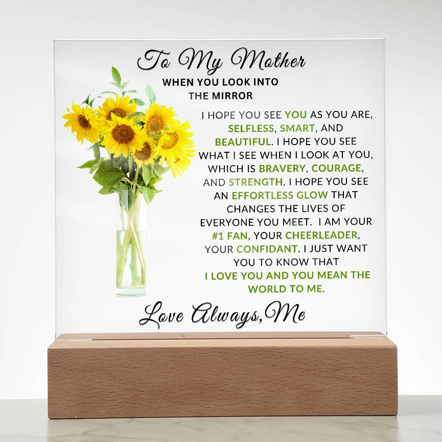 Sunflower LED plaque gift for mom displayed on bedside table