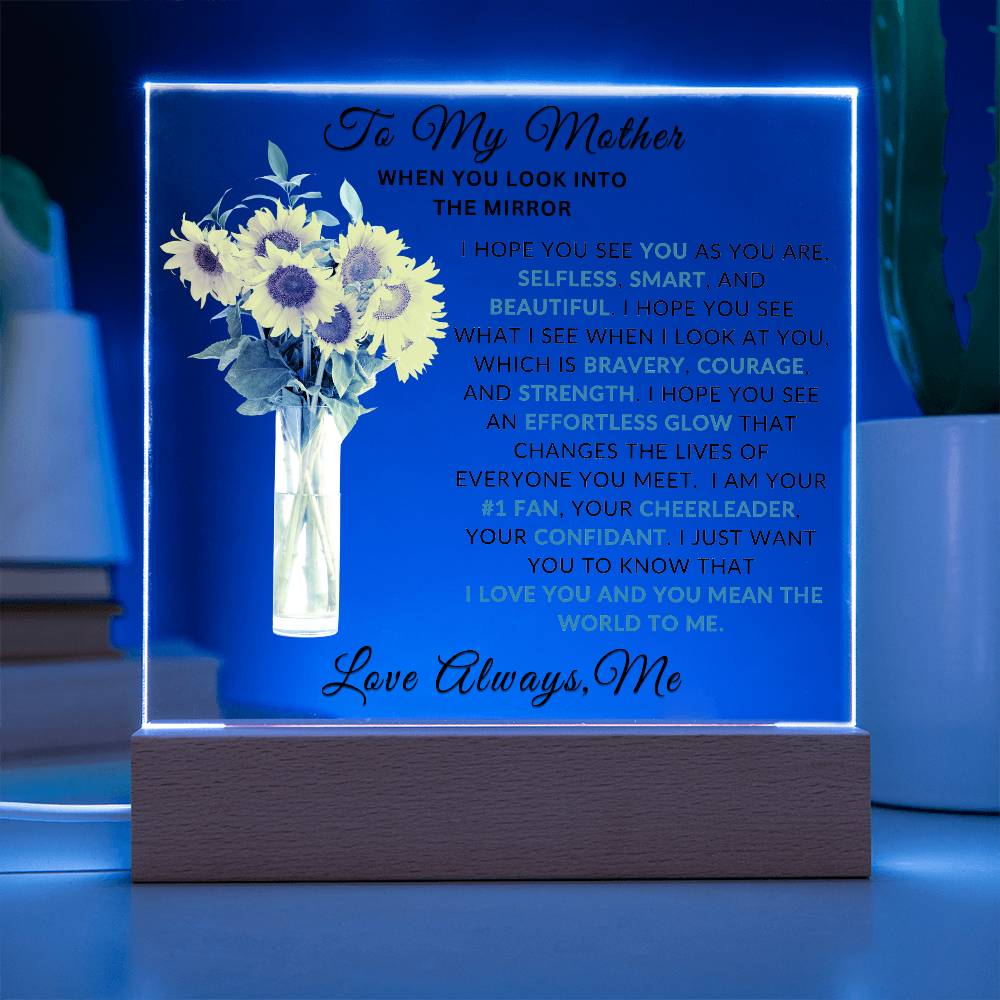 LED acrylic plaque for mom glowing blue with heartfelt mother message