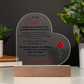 To My Love  heart acrylic plaque with LED base romantic gift from Yours Truely on table top with dark background
