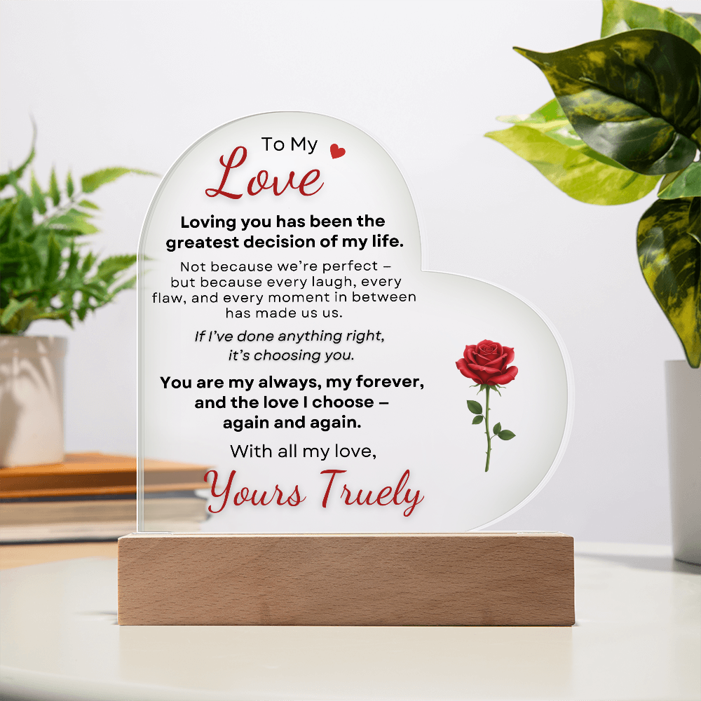 To My Love heart acrylic plaque displayed on wooden LED base in home decor setting