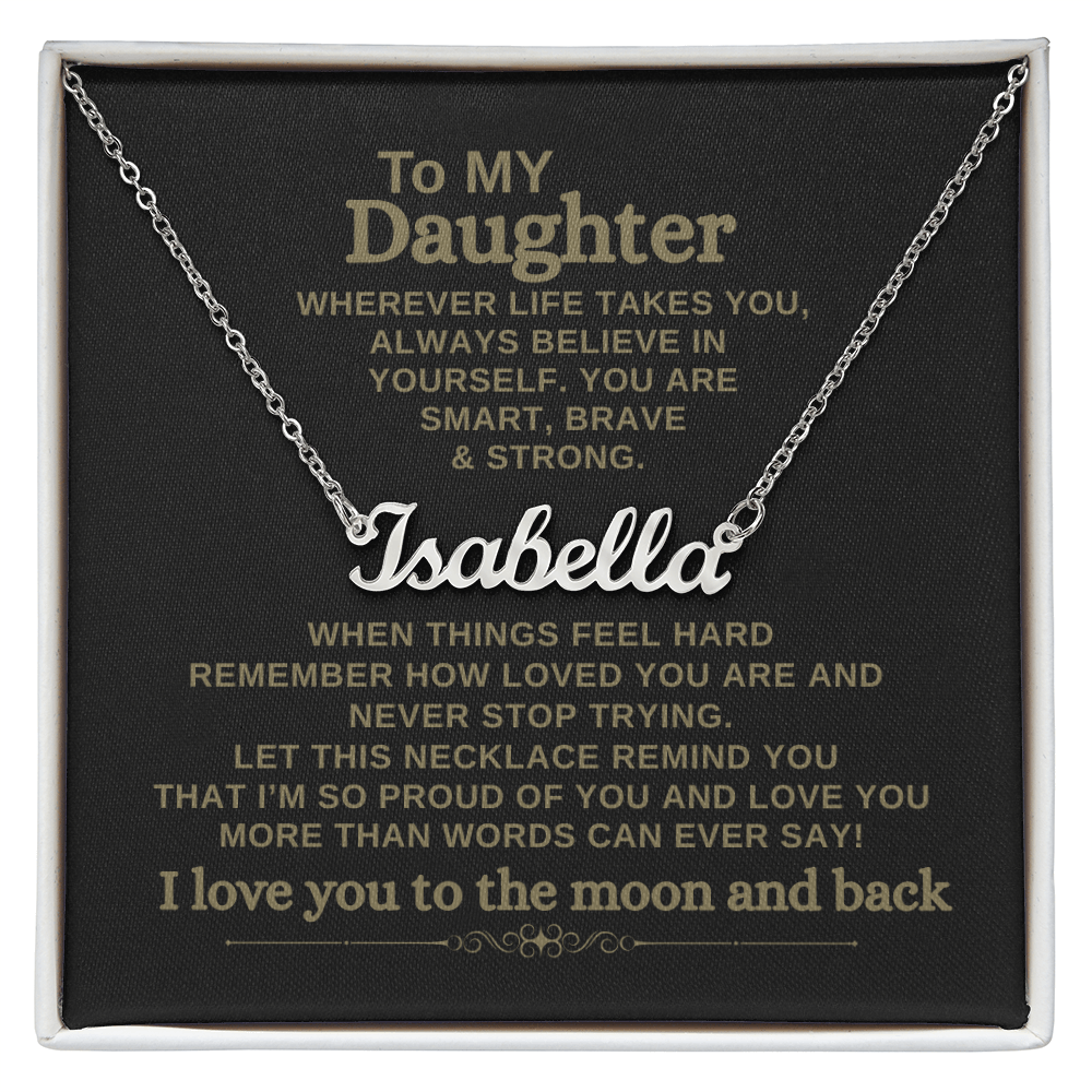Custom name necklace for daughter with message card in black and gold