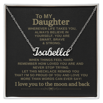 Custom name necklace for daughter with message card in black and gold