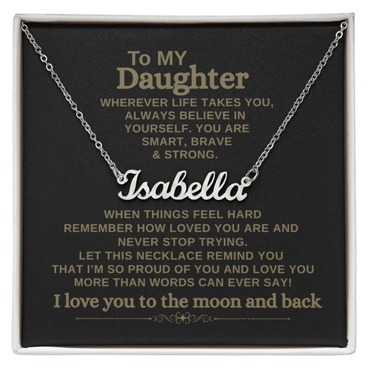 Custom name necklace for daughter with message card in black and gold