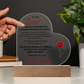 To My Love  heart acrylic plaque with LED base romantic gift from Yours Truely on table top  showing the plaque as clear againt dark backround