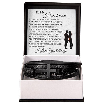 One Wish To My Husband | Men's Cross Leather Bracelet