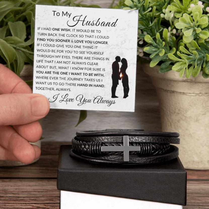 One Wish To My Husband | Men's Cross Leather Bracelet
