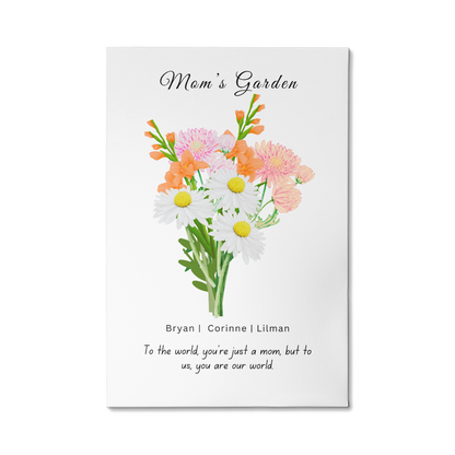 Mom's Flower Garden Bouquet | Beautiful Wrapped Canvas | Displays Children's name and their birth flower