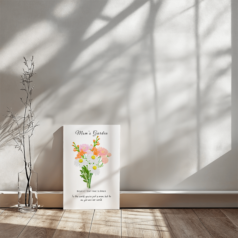 Mom's Flower Garden Bouquet | Beautiful Wrapped Canvas | Displays Children's name and their birth flower