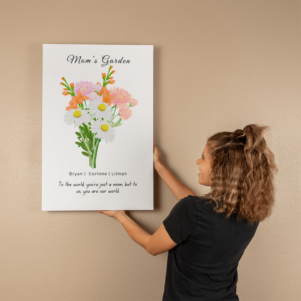 Mom's Flower Garden Bouquet | Beautiful Wrapped Canvas | Displays Children's name and their birth flower