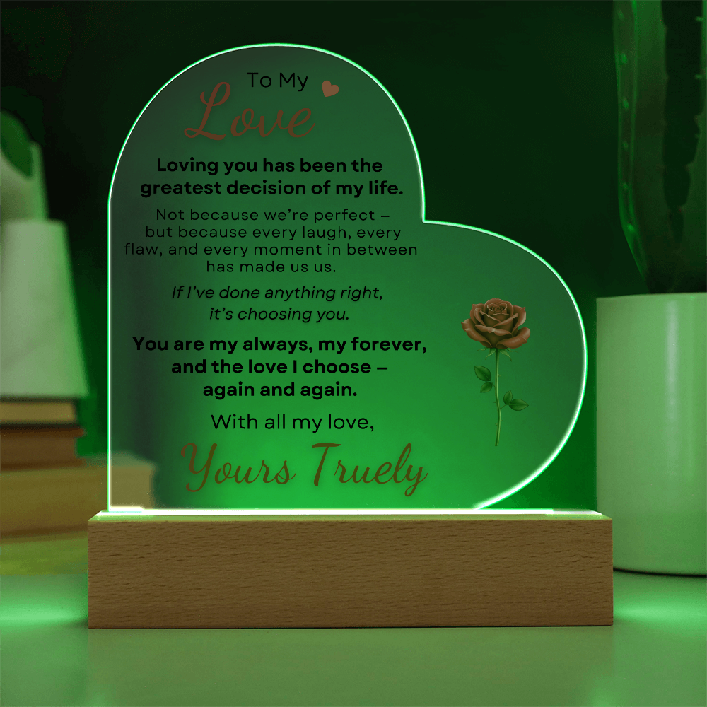 Heart acrylic plaque with green LED light romantic to my love gift