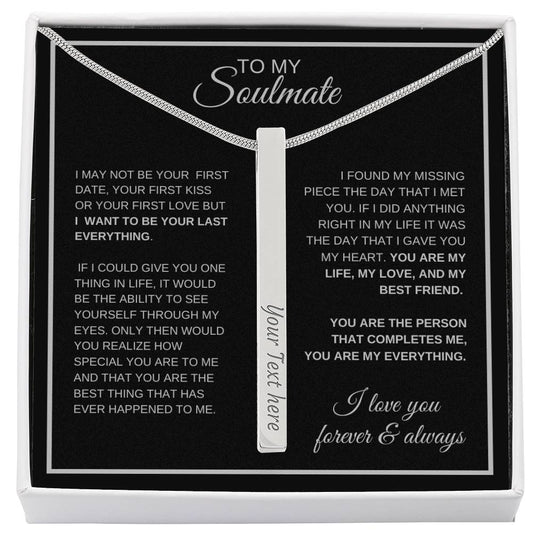 Custom 4-sided engraved stick necklace with personalized message card.