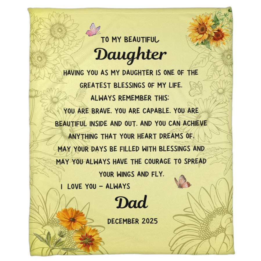 Soft fleece daughter blanket from Dad with inspirational message