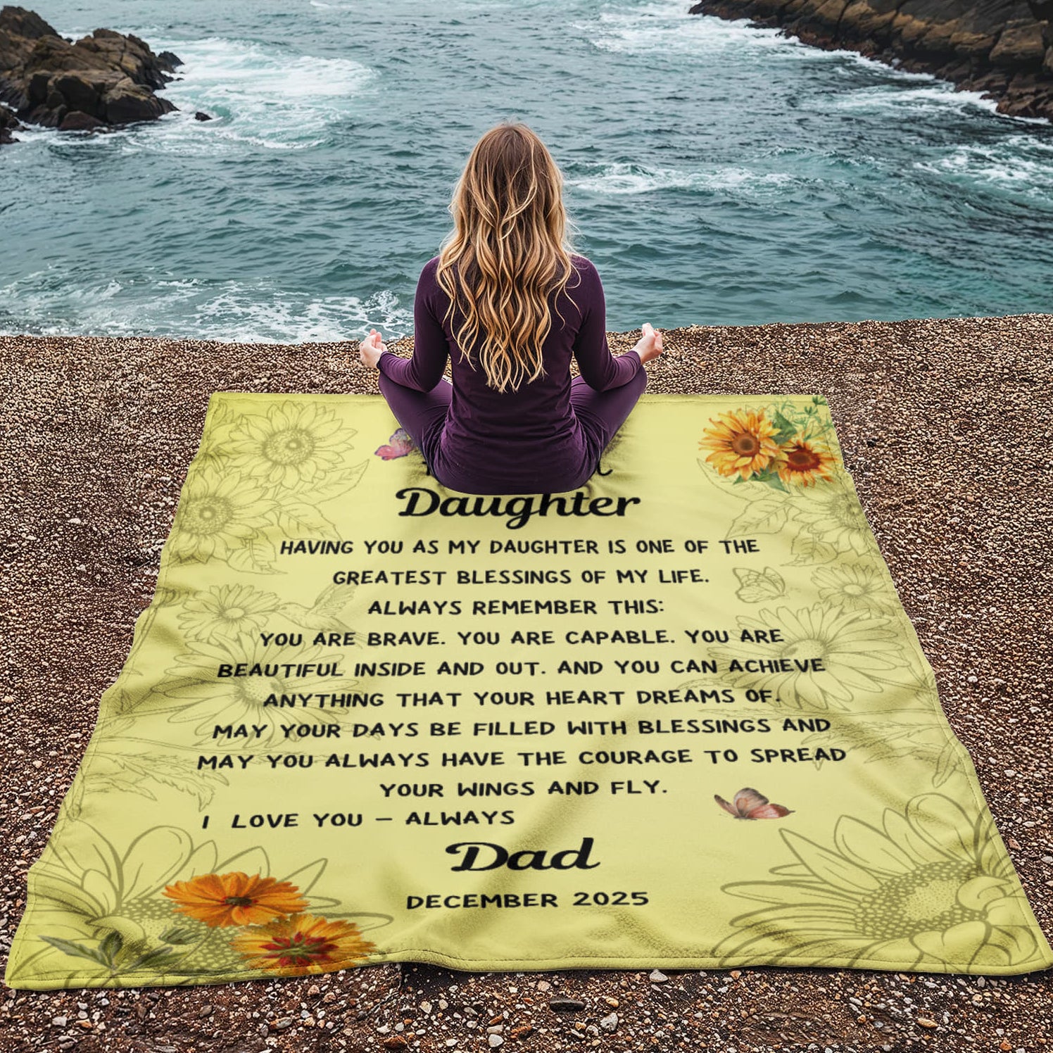 Daughter blanket from Dad in a meditation scene