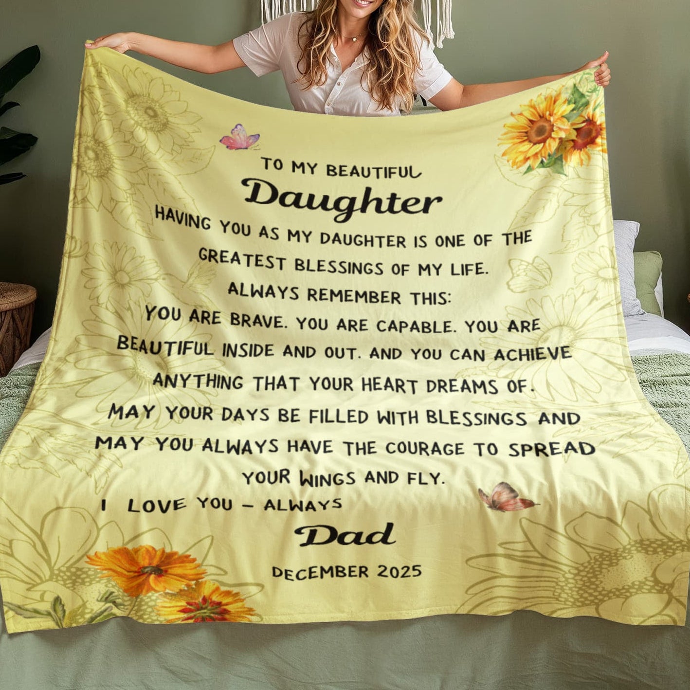 Cozy daughter blanket from Dad displayed on  bed
