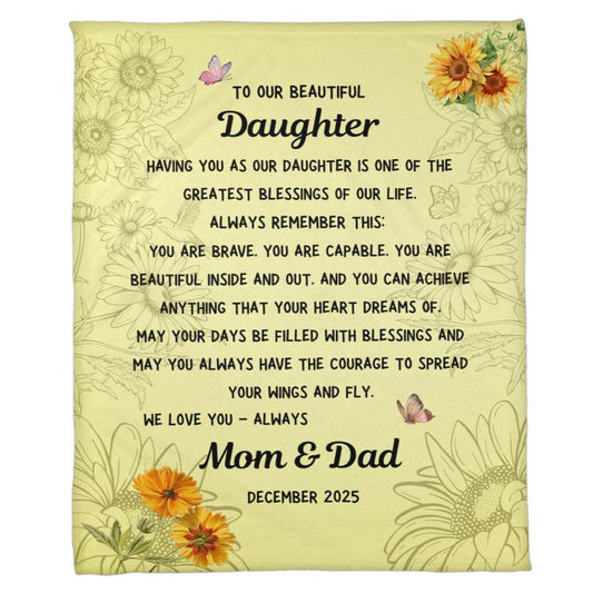 Soft fleece daughter blanket from Mom and Dad with inspirational message