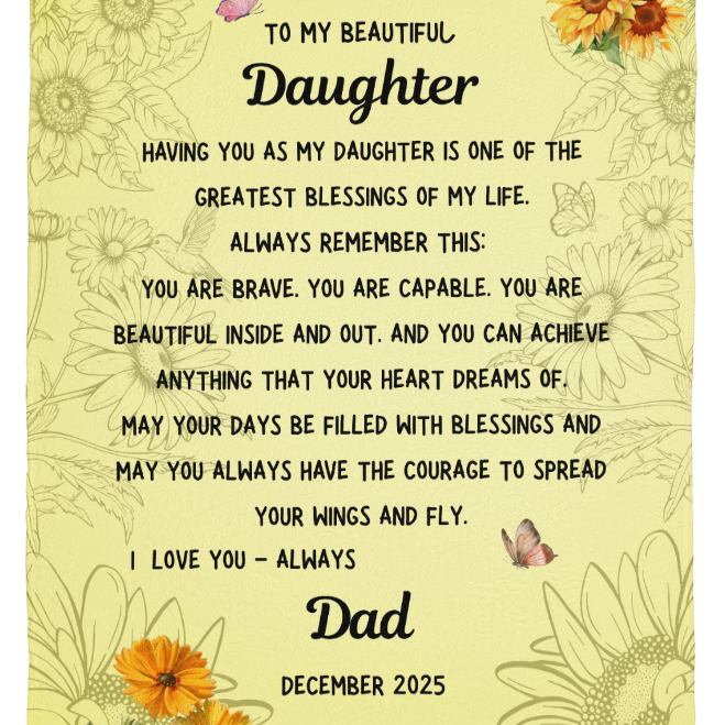 Close-up of printed inspirational message on daughter blanket from Dad