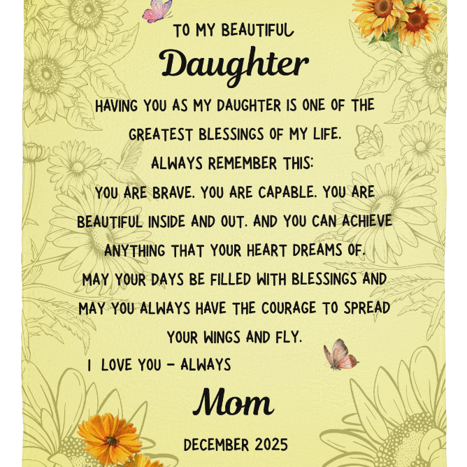 Close-up of inspirational message on daughter blanket from Mom