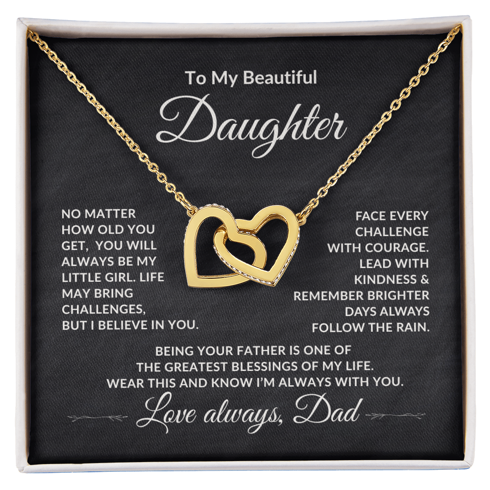 Interlocking Hearts Necklace for Daughter from Dad with heartfelt message card, front view. 18k Yellow Gold Finish